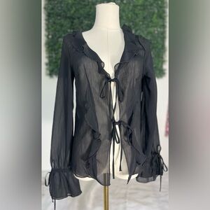 Y2K H And M Divided Sheer Black Ruffle Button Up Tie Front Whimsigoth Top Small